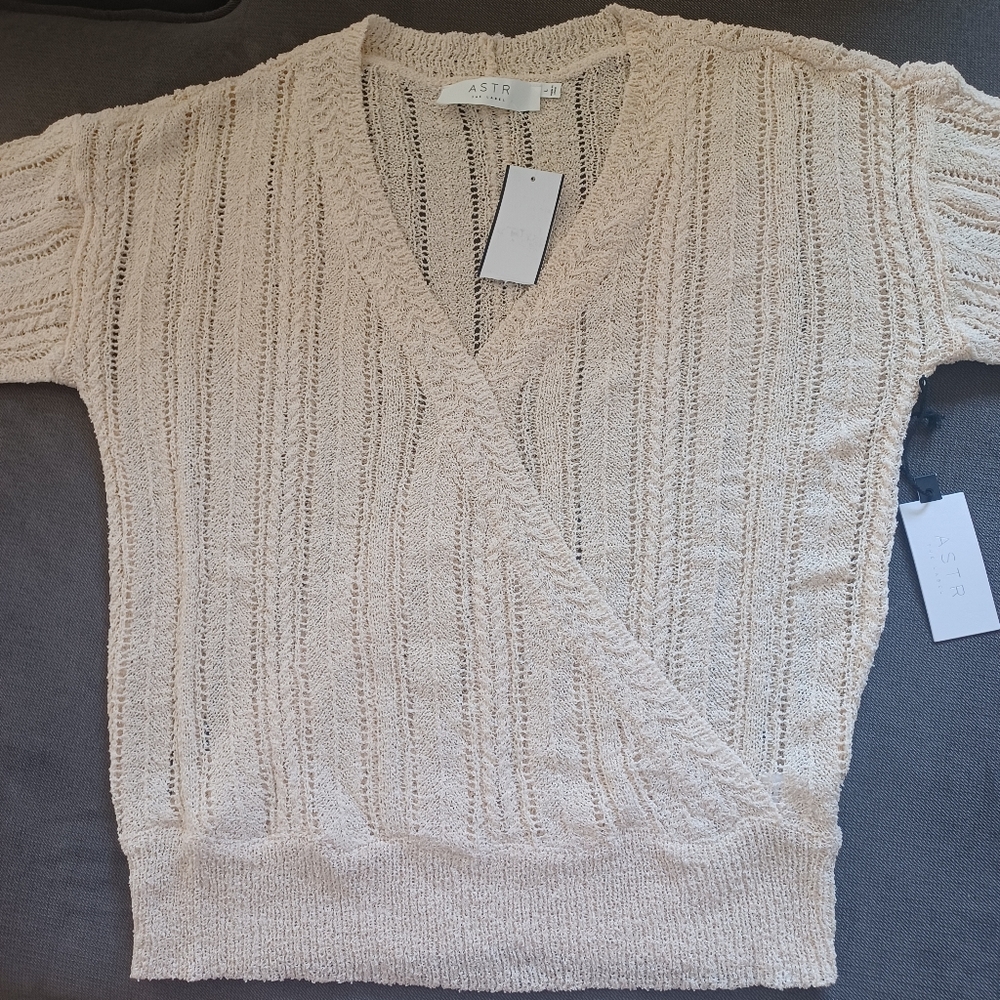 Astr The Label Wrap Front Mix Stitch Pointelle Knit Sweater Madeline Cream - Picture 7 of 8